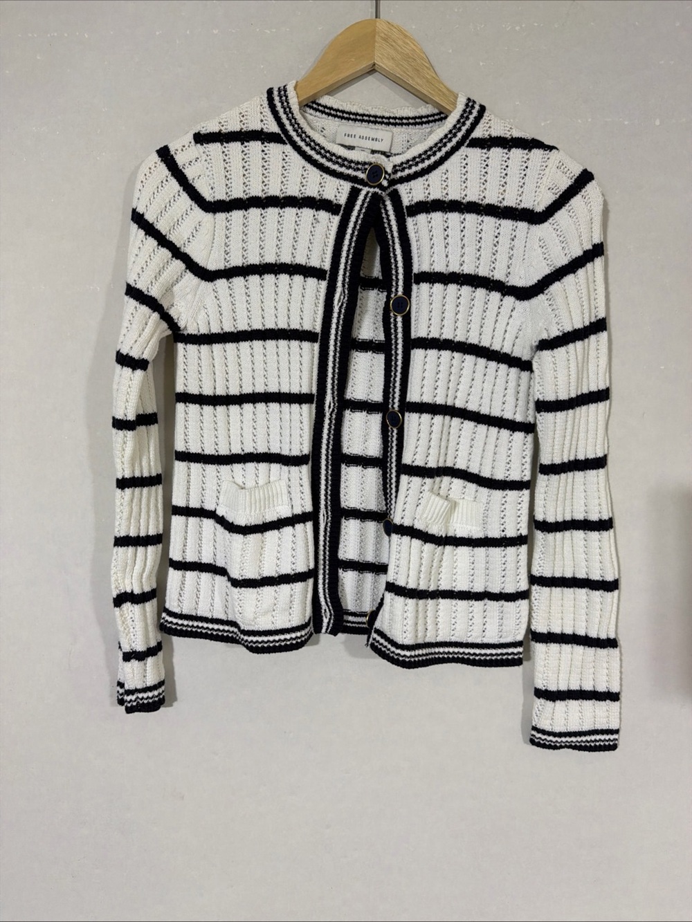 Striped Crewneck Knit Cardigan - White with Black Trim